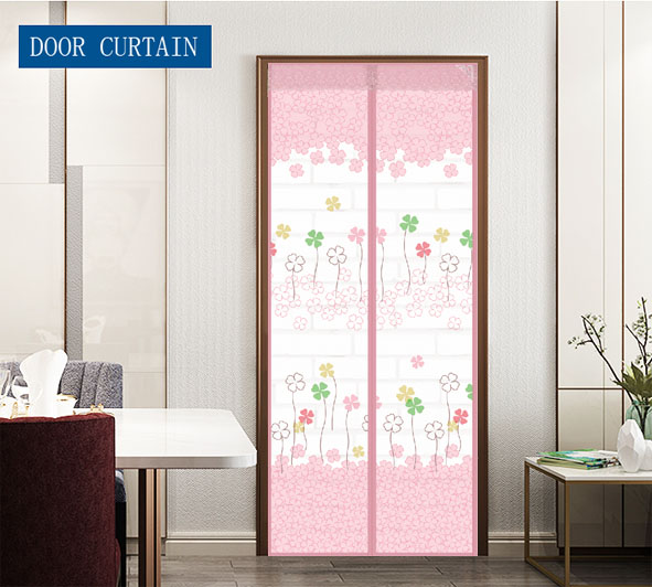 Wholesale and customization Polyester Printing Magnetic Screen Door Curtain Grass Four leaf clover Pink